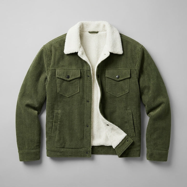 Hudson Corduroy Jacket — Green, flat lay front on grey seamless