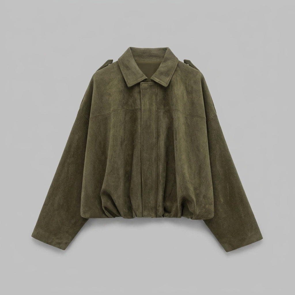 Feltre Suede Jacket — Green, flat lay front on grey seamless