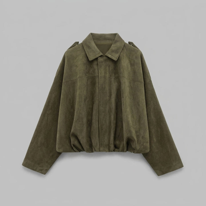 Feltre Suede Jacket — Green, flat lay front on grey seamless