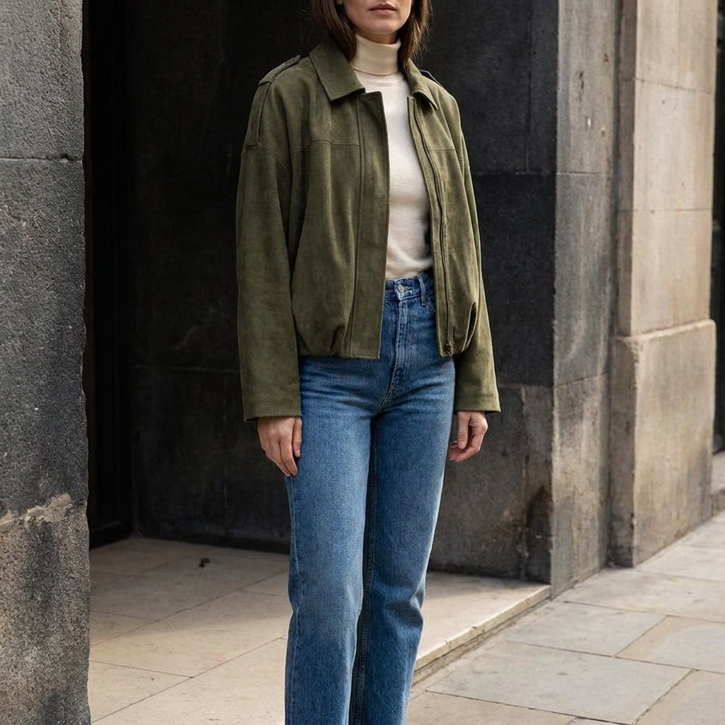 Feltre Suede Jacket — Green, lifestyle close crop on model