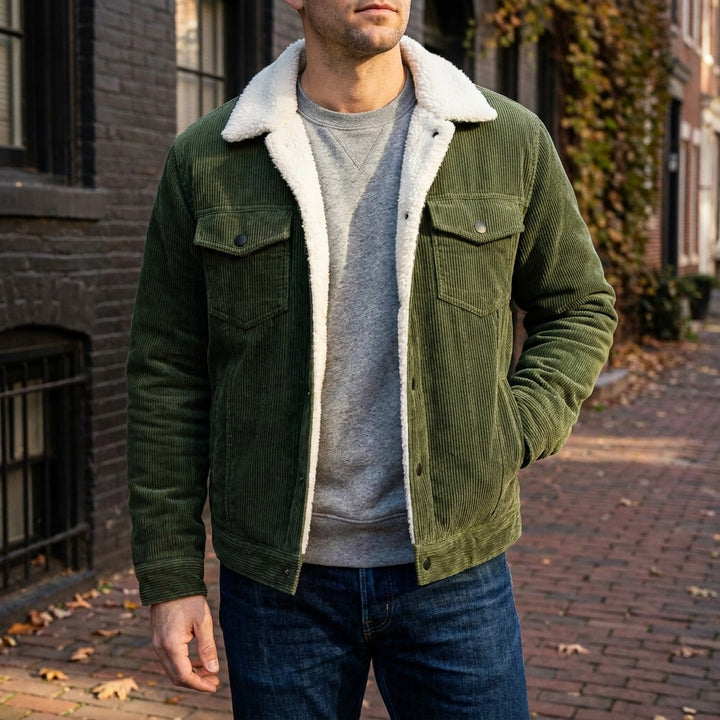 Hudson Corduroy Jacket — Green, lifestyle close crop on model