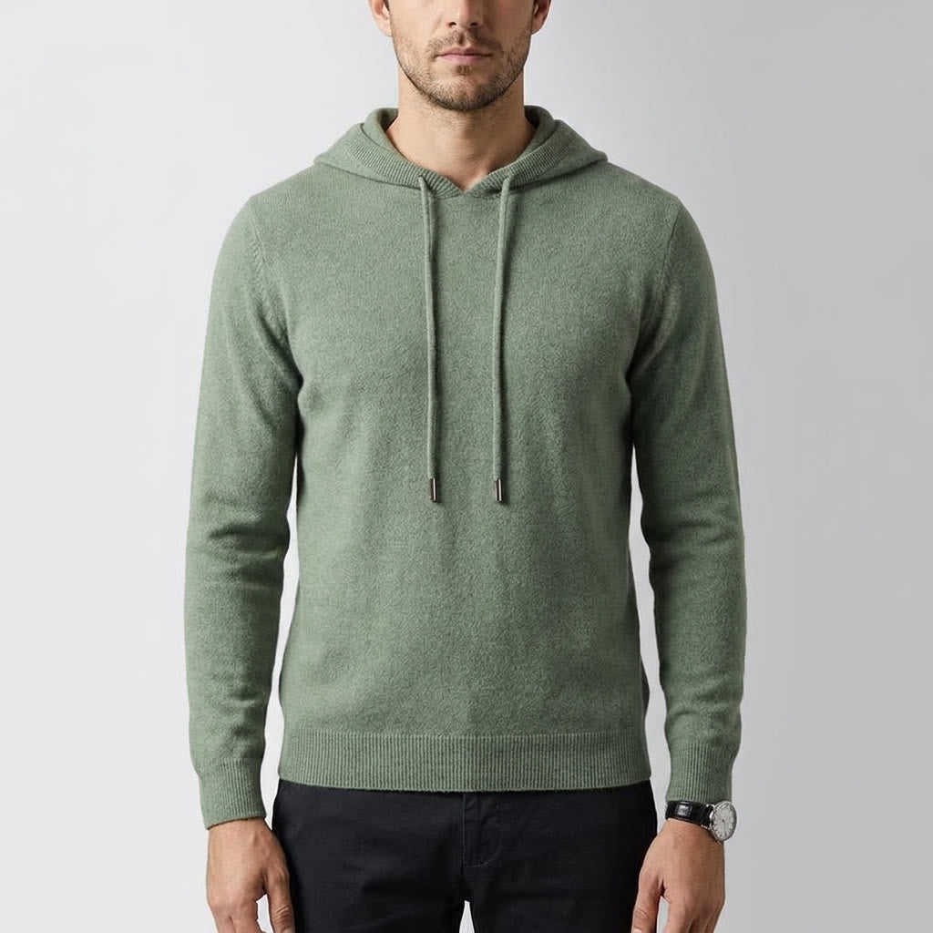 Nomad Merino Wool Hoodie — Green, front on millennial model