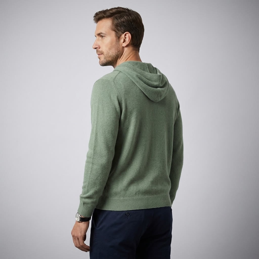 Nomad Merino Wool Hoodie — Green, three-quarter back on millennial model