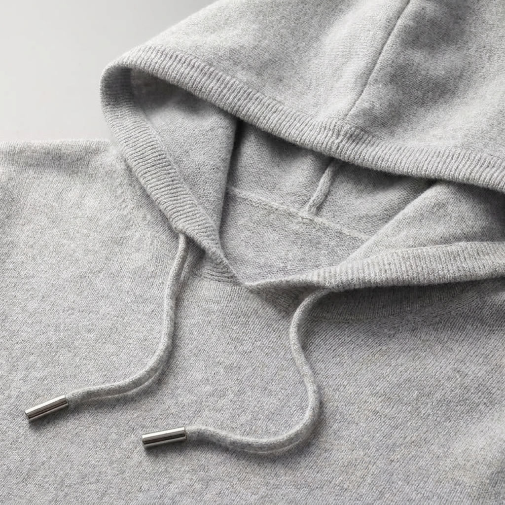 Nomad Merino Wool Hoodie — Grey, hood-opening construction crop