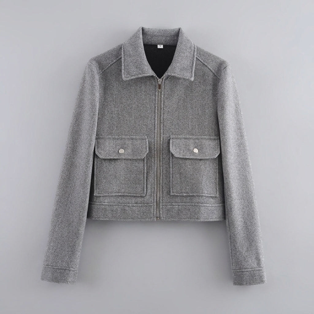 Padova Cropped Jacket — Grey, flat lay front on grey seamless