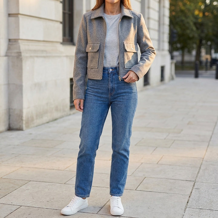 Padova Cropped Jacket — Grey, lifestyle close crop on model