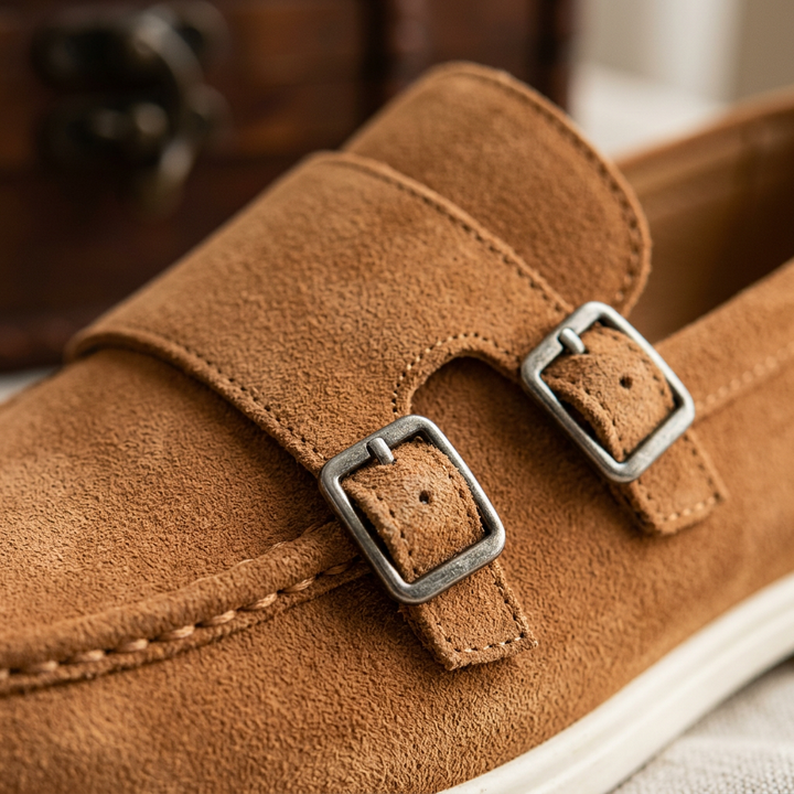 Como Suede Double-Buckle Loafers