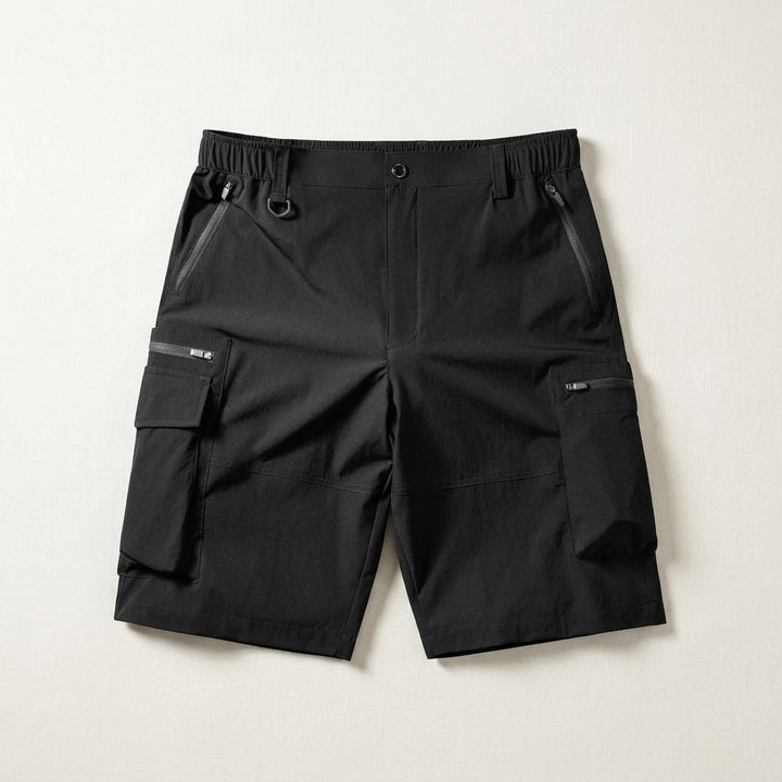 Cowes Cargo Shorts — Black, flat lay
