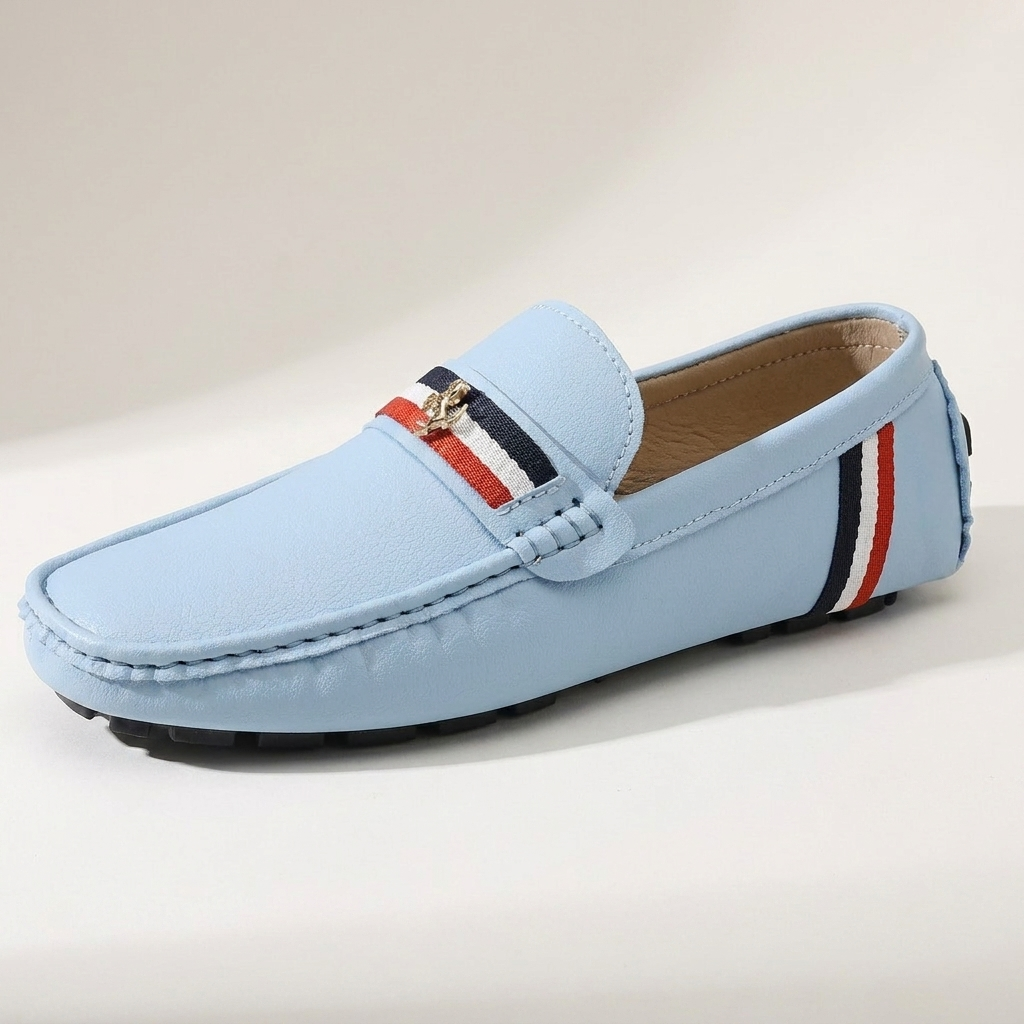 Gaeta Stripe Loafers — Powder Blue, three-quarter studio view