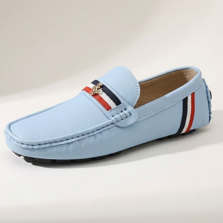 Gaeta Stripe Loafers — Powder Blue, three-quarter studio view