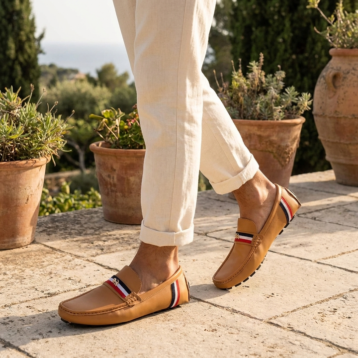Gaeta Stripe Loafers — Tan, worn on model, coastal terrace