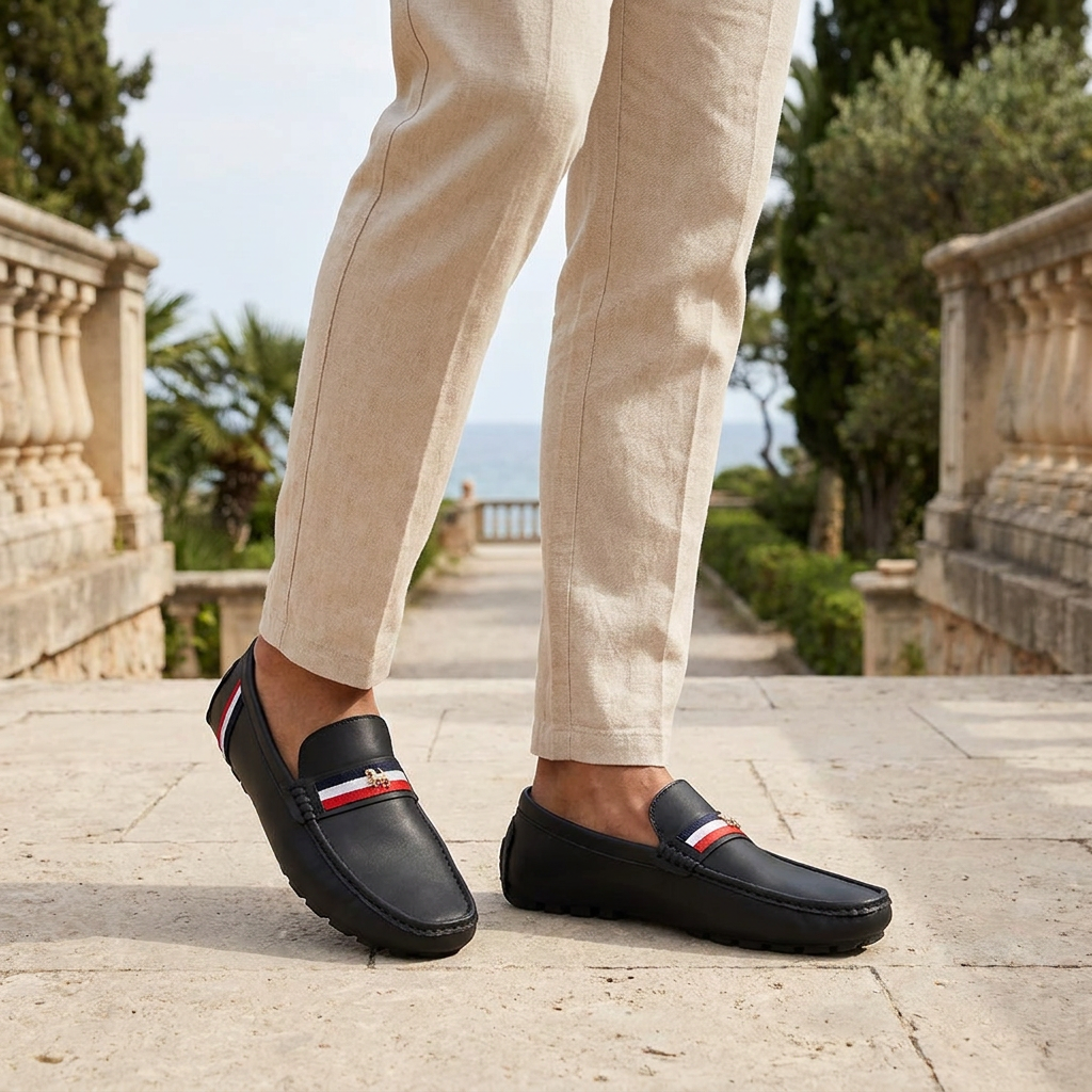 Gaeta Stripe Loafers — Black, worn on model, coastal terrace