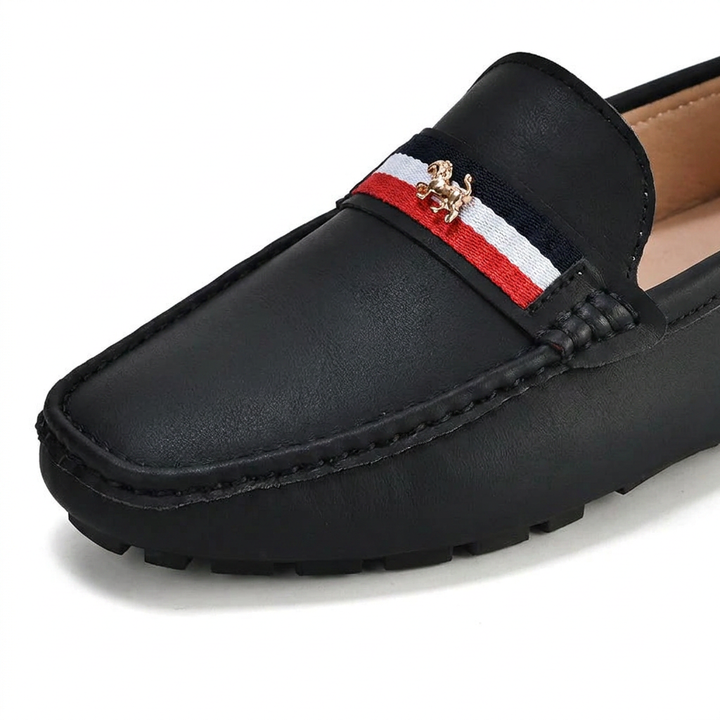 Gaeta Stripe Loafers — Black, saddle stripe and charm detail