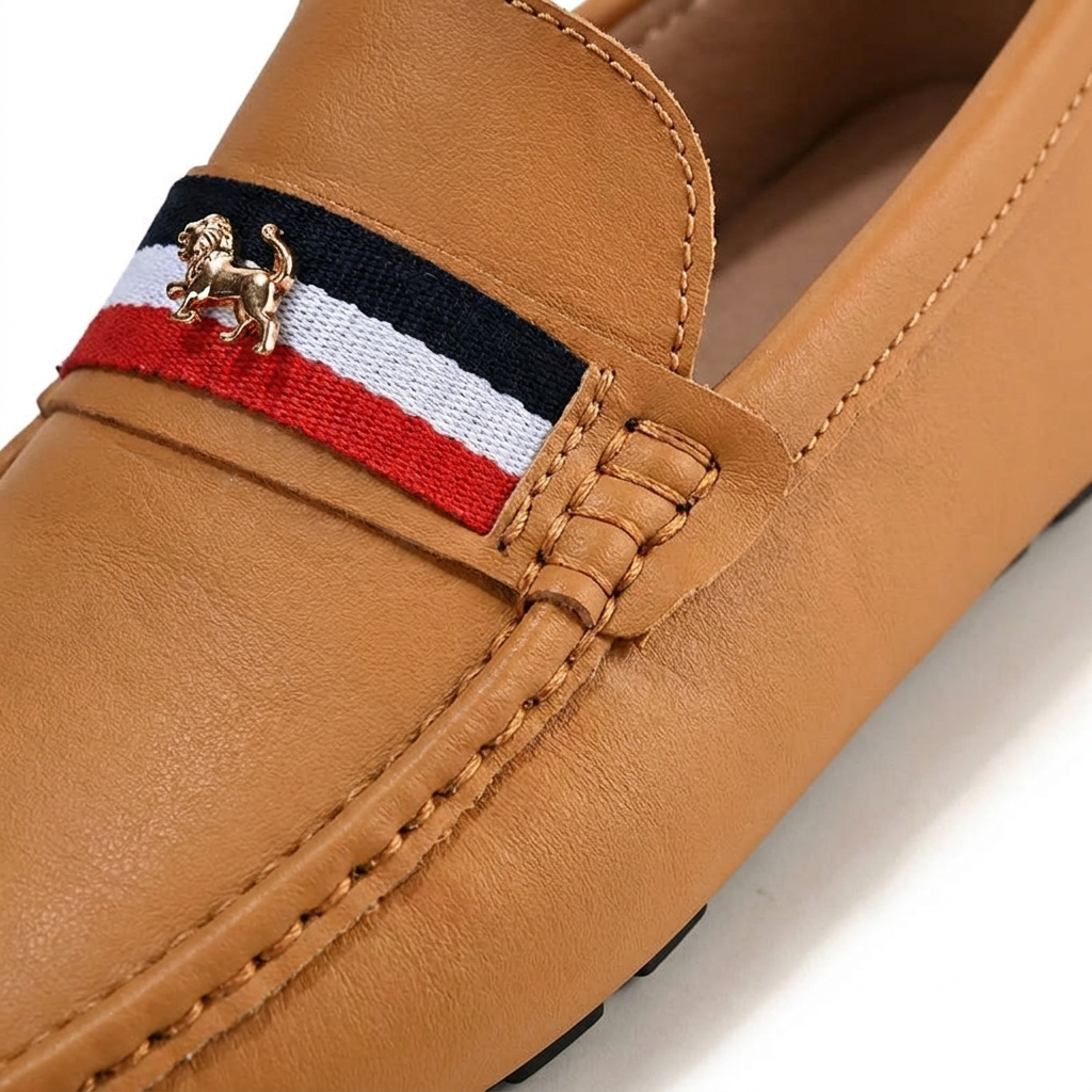Gaeta Stripe Loafers — Tan, saddle stripe and charm detail