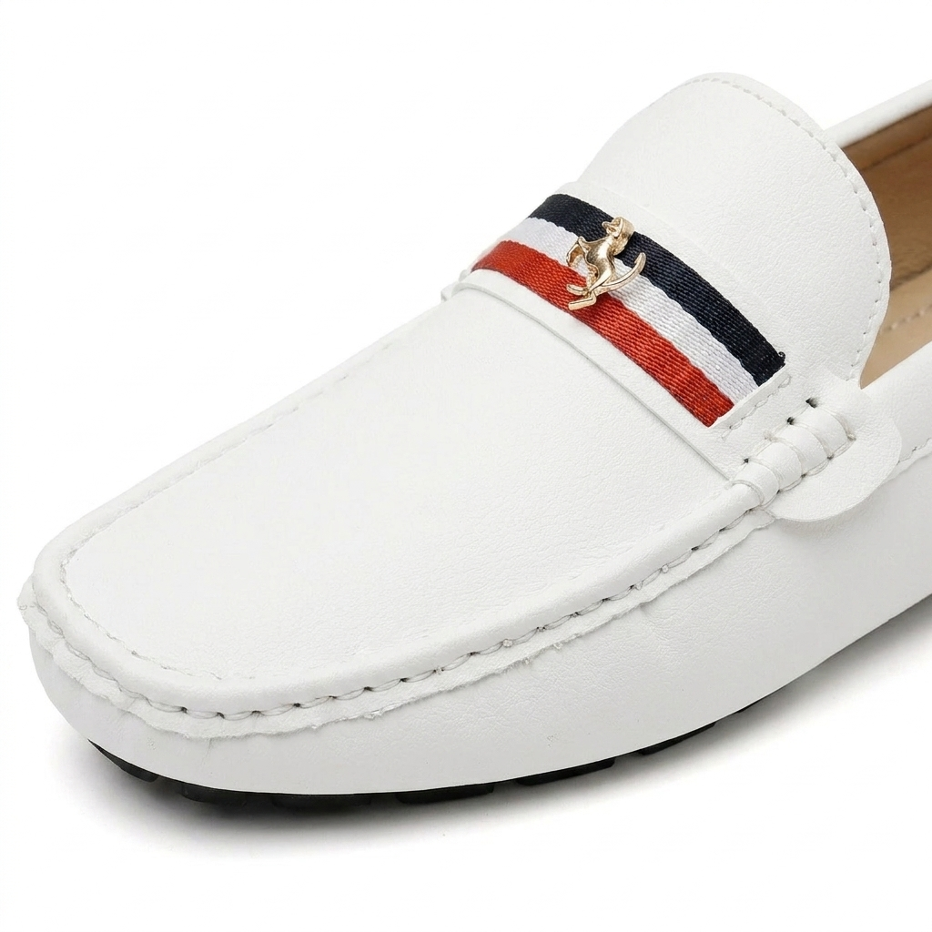 Gaeta Stripe Loafers — White, saddle stripe and charm detail