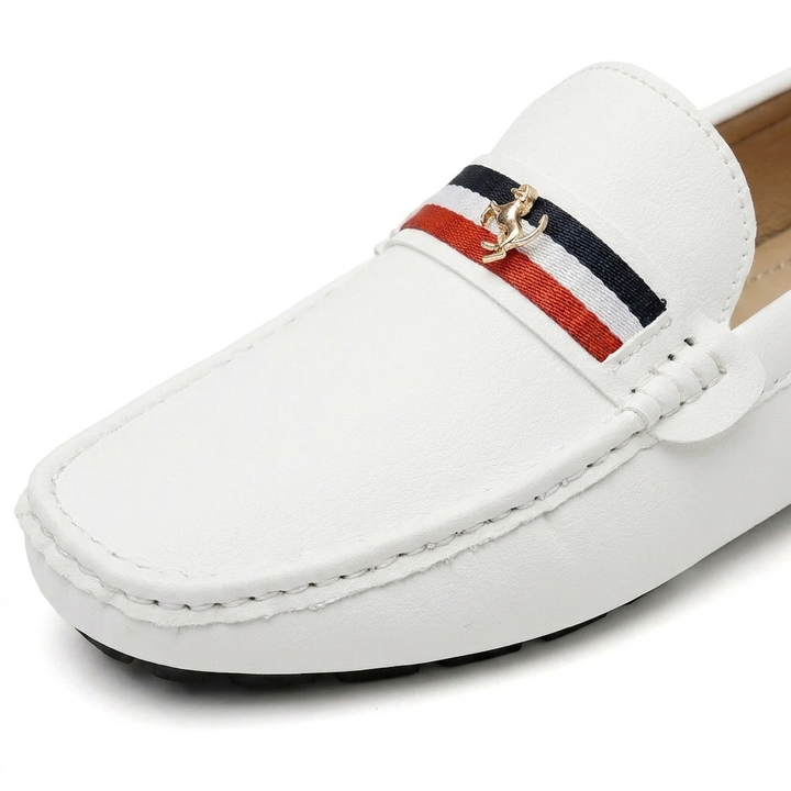 Gaeta Stripe Loafers — White, saddle stripe and charm detail