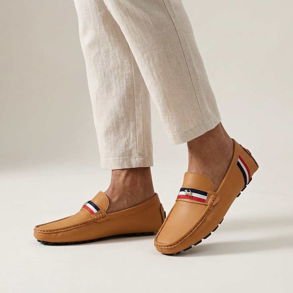 Gaeta Stripe Loafers — Tan, worn on model, studio