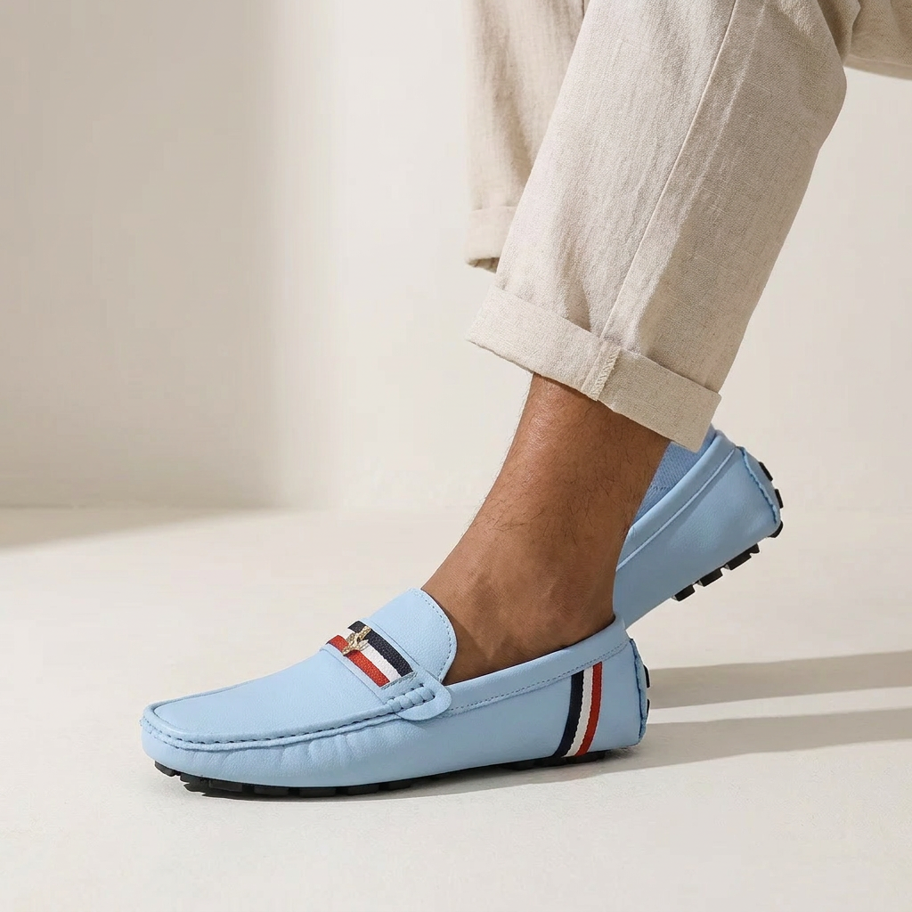 Gaeta Stripe Loafers — Powder Blue, worn on model, studio