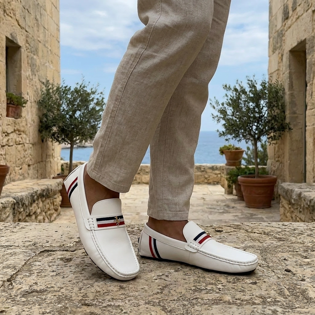 Gaeta Stripe Loafers — White, worn on model, coastal terrace