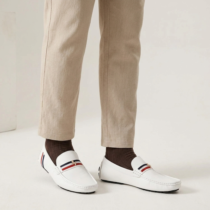 Gaeta Stripe Loafers — White, worn on model, studio