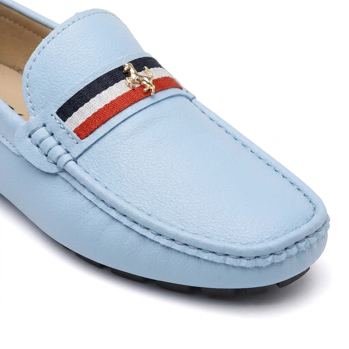 Gaeta Stripe Loafers — Powder Blue, saddle stripe and charm detail