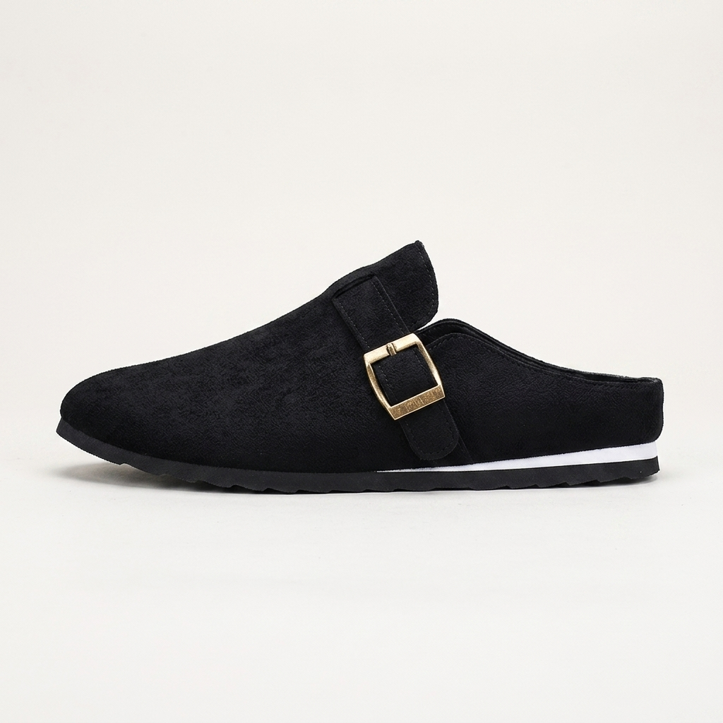 Ragusa Suede Mules — Black, side profile view