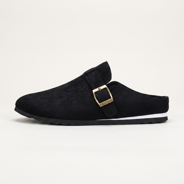 Ragusa Suede Mules — Black, side profile view