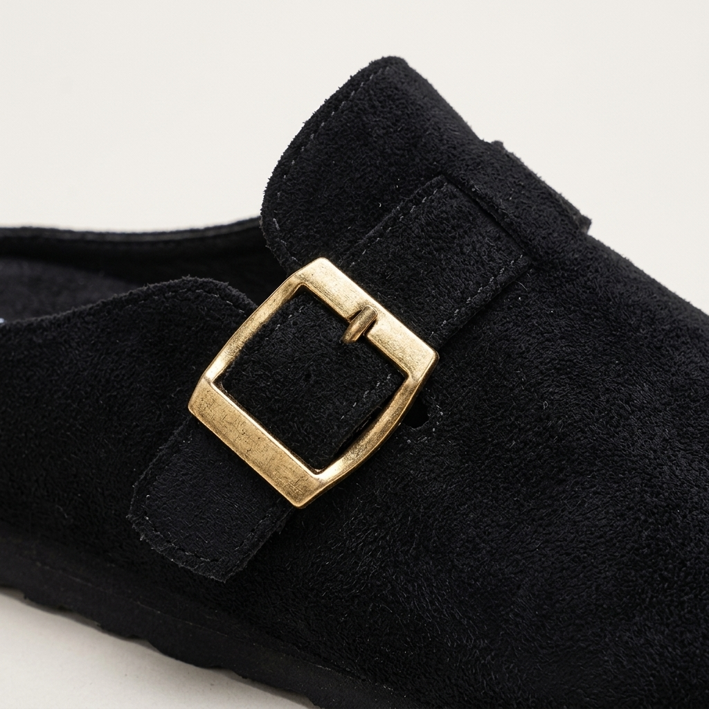 Ragusa Suede Mules — Black, suede texture and gold buckle strap detail