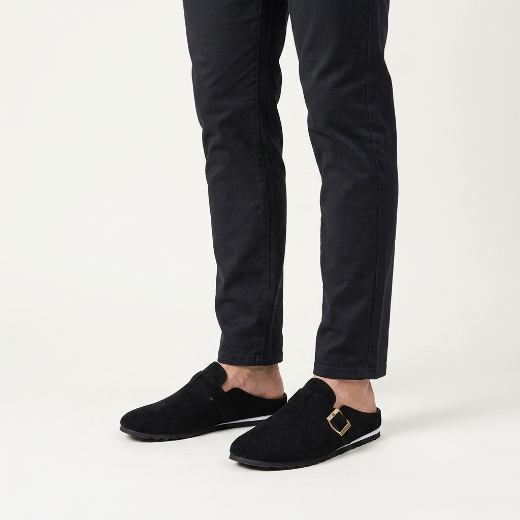 Ragusa Suede Mules — Black, worn on model, studio