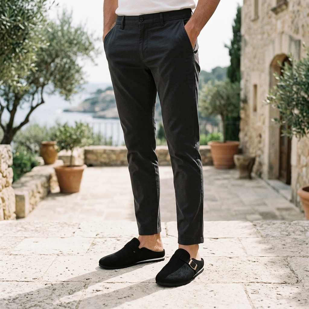 Ragusa Suede Mules — Black, worn on model, garden terrace
