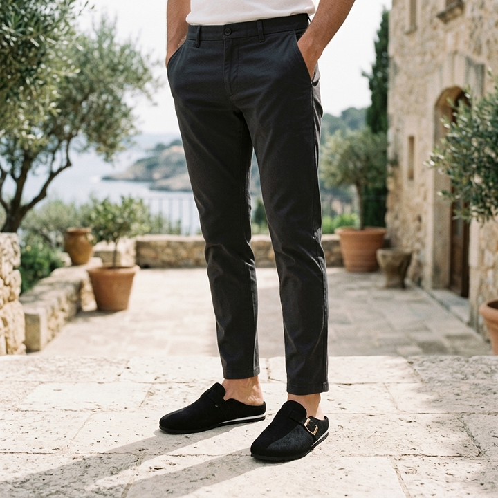 Ragusa Suede Mules — Black, worn on model, garden terrace