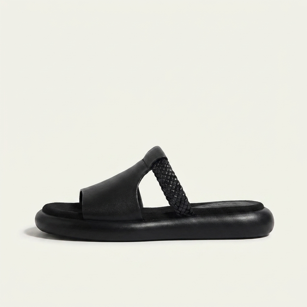 Marsala Leather Slides — Black, left-side profile