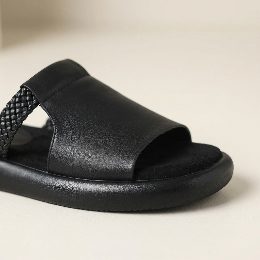 Marsala Leather Slides — Black, close-up upper and sole edge