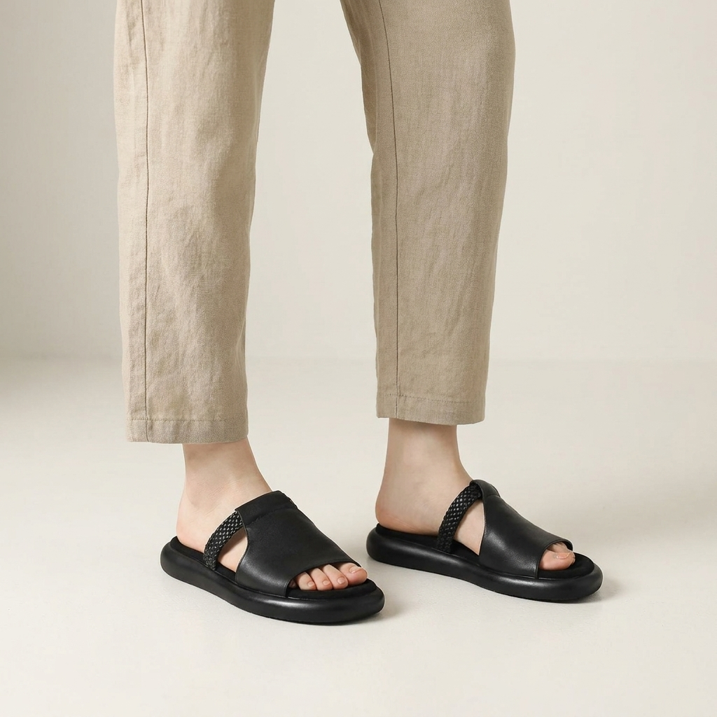 Marsala Leather Slides — Black, knee-down studio model