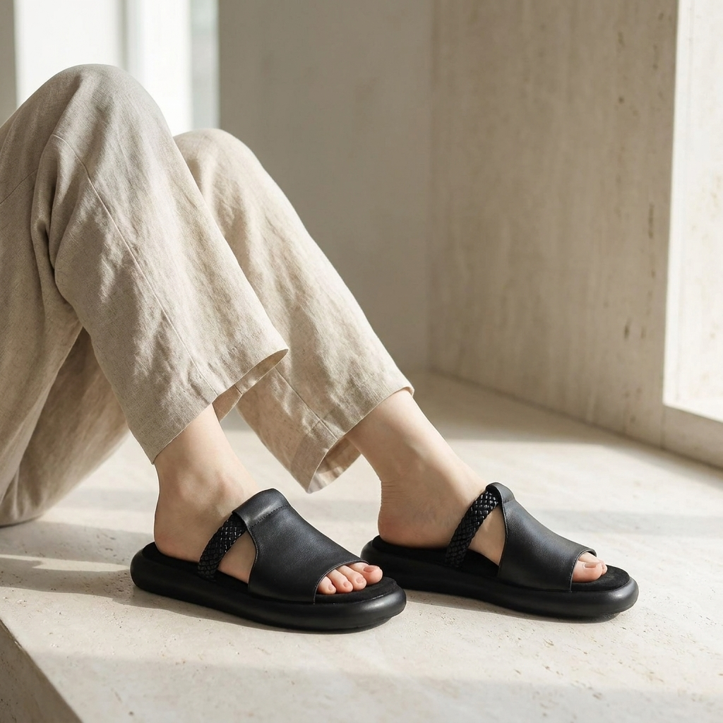 Marsala Leather Slides — Black, knee-down model pale stone