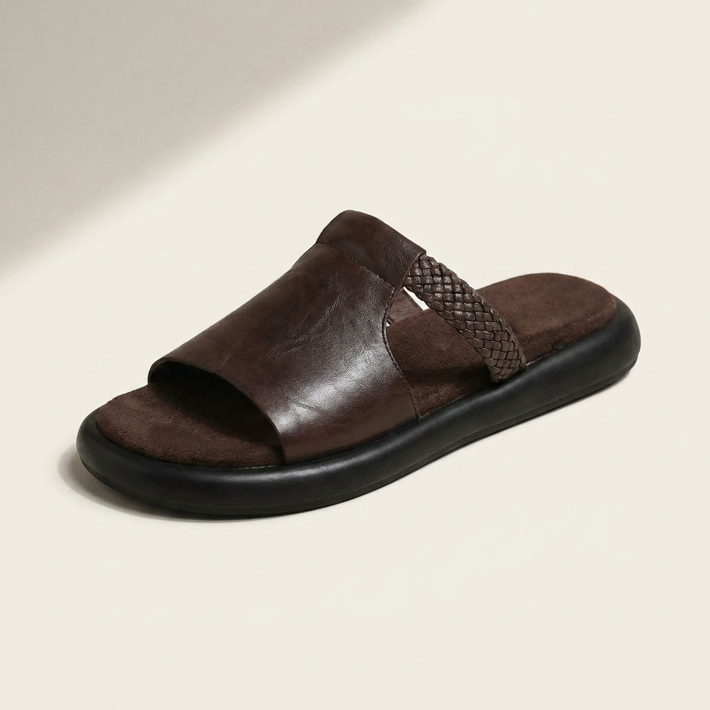 Marsala Leather Slides — Brown, three-quarter studio view