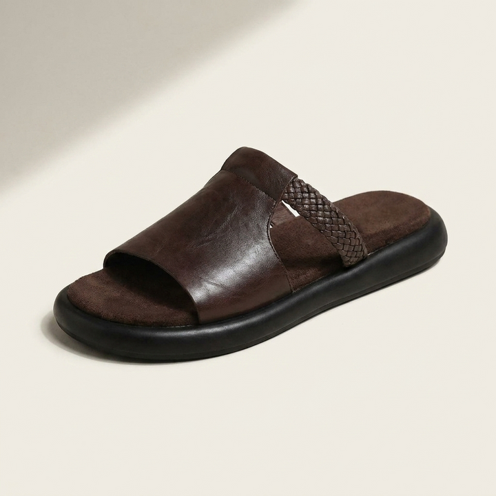 Marsala Leather Slides — Brown, three-quarter studio view