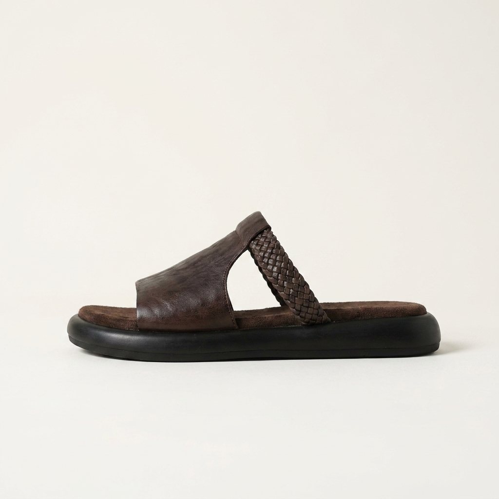 Marsala Leather Slides — Brown, left-side profile