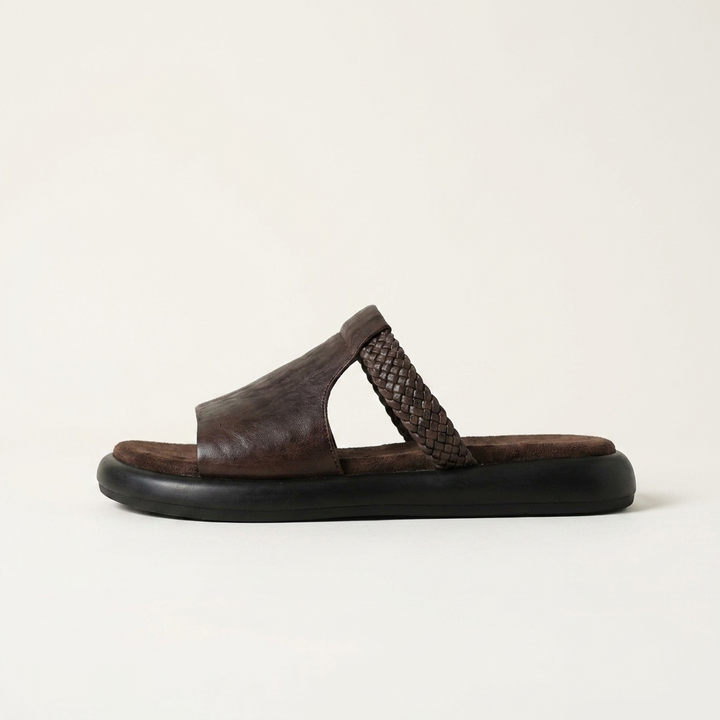 Marsala Leather Slides — Brown, left-side profile