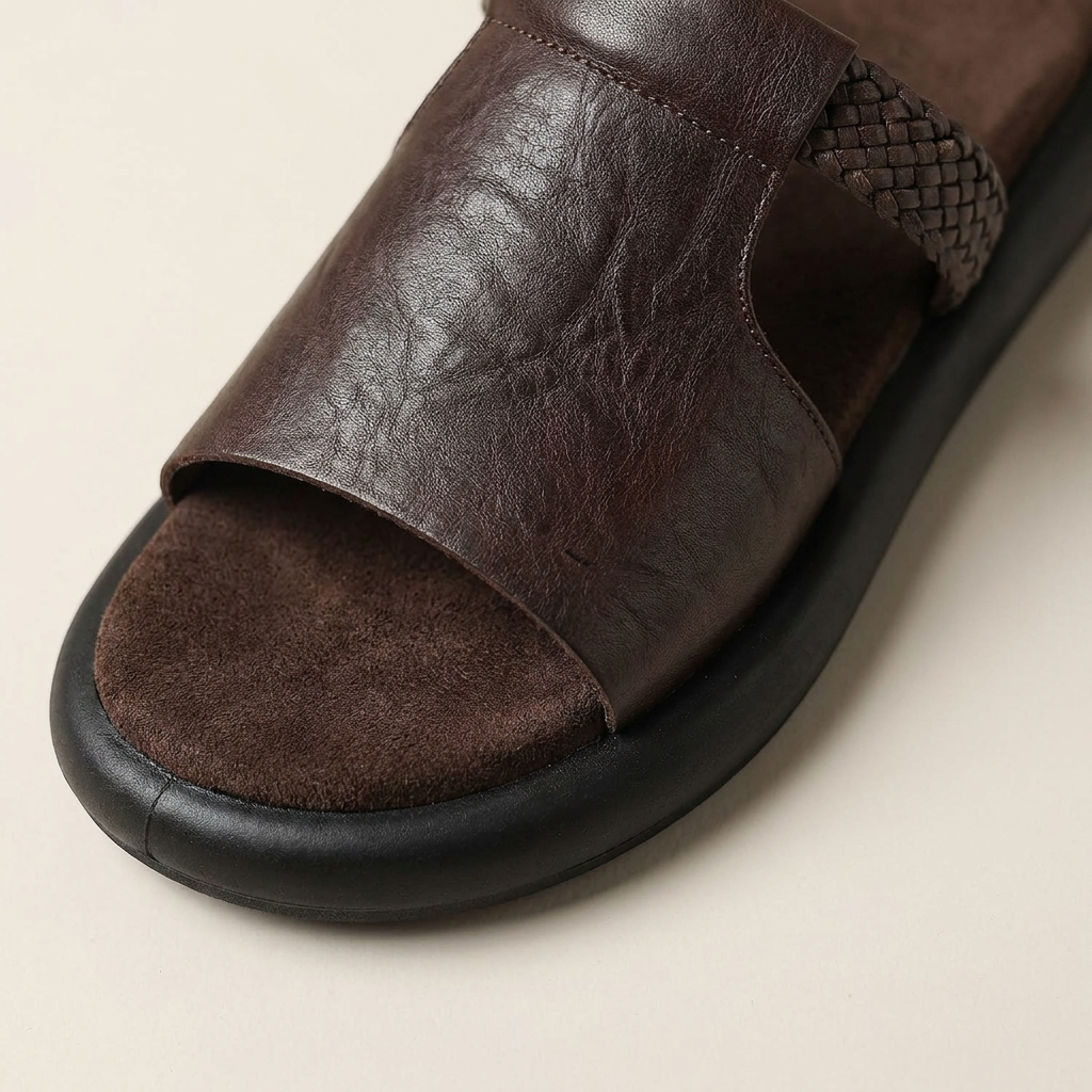 Marsala Leather Slides — Brown, close-up upper and sole edge