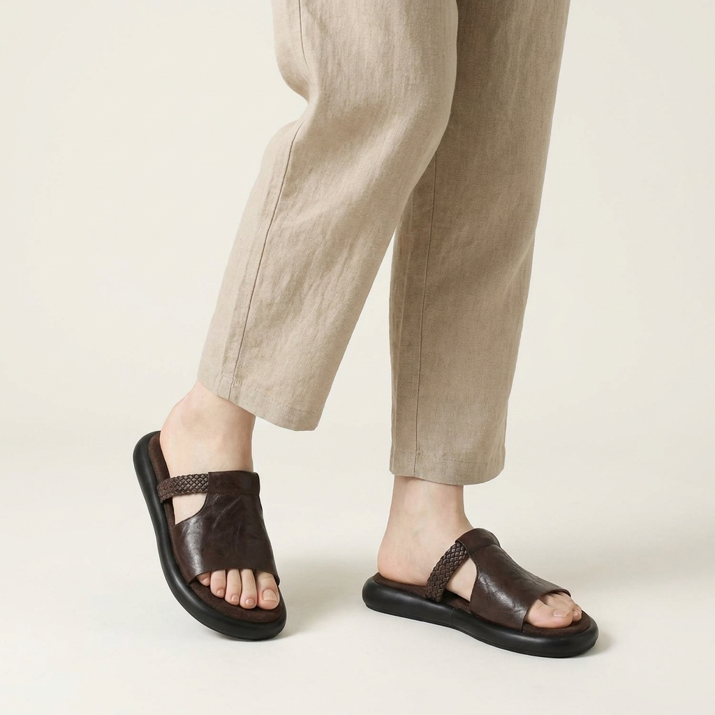 Marsala Leather Slides — Brown, knee-down studio model