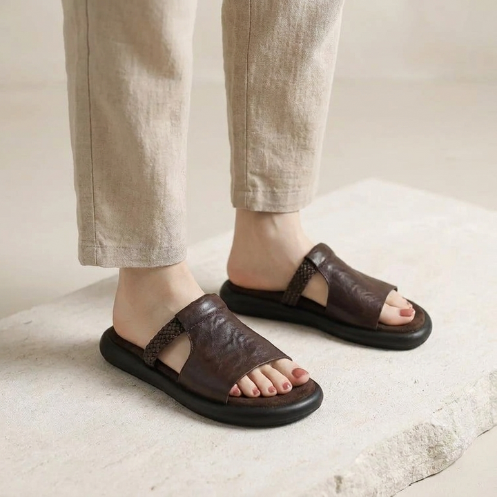 Marsala Leather Slides — Brown, knee-down model pale stone