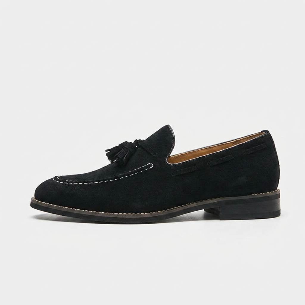 Barolo Suede Loafers — Black, side profile studio view