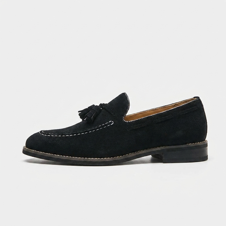 Barolo Suede Loafers — Black, side profile studio view