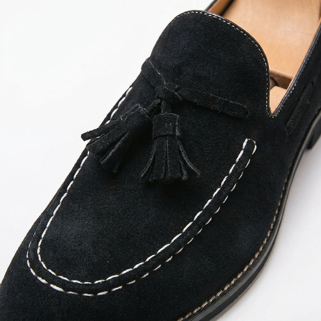 Barolo Suede Loafers — Black, close-up tassel and moc-seam