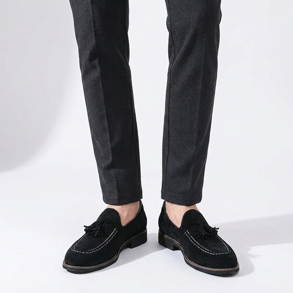 Barolo Suede Loafers — Black, knee-down studio male model
