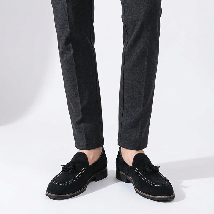 Barolo Suede Loafers — Black, knee-down studio male model