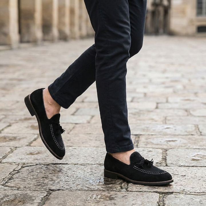 Barolo Suede Loafers — Black, knee-down lifestyle cobblestone