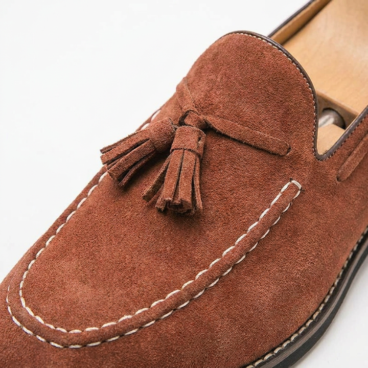 Barolo Suede Loafers — Cognac, close-up tassel and moc-seam