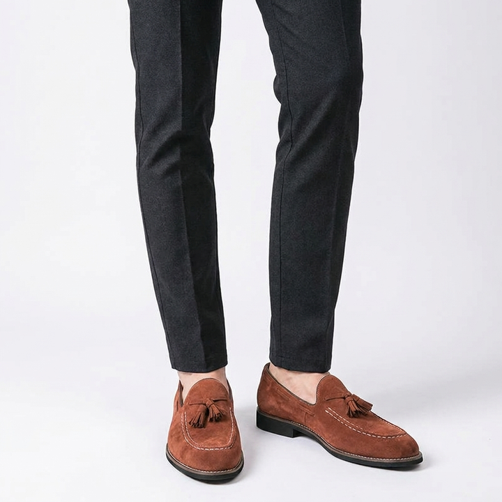 Barolo Suede Loafers — Cognac, knee-down studio male model